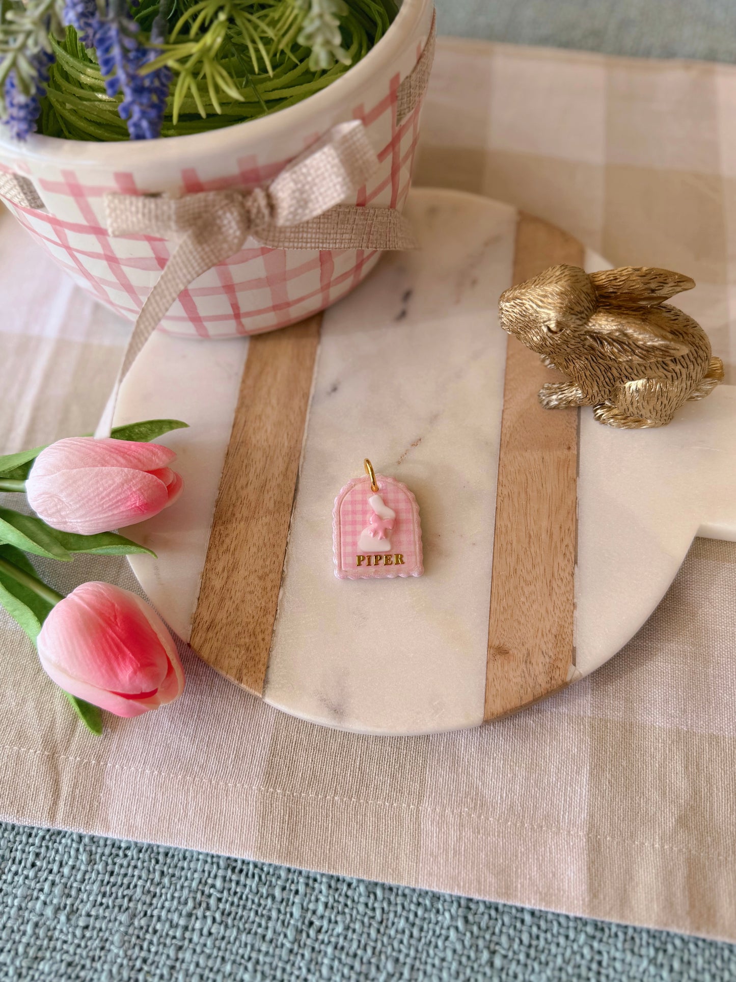 gingham cottontail | clay pet id tag