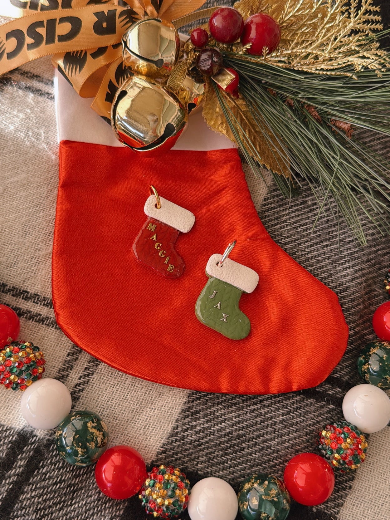knitted stocking | clay pet id tag